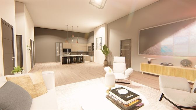Interior, Kitchen, Living room, Pendant Lights, Stainless Steel Appliances, Wood Texture Flooring