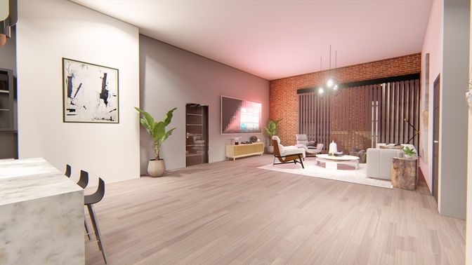 Interior, Living room, Stone Walls, Wood Texture Flooring
