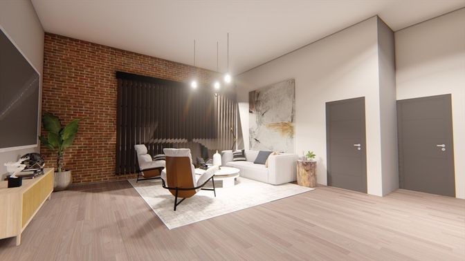 Interior, Living room, Pendant Lights, Stone Walls, Wood Texture Flooring