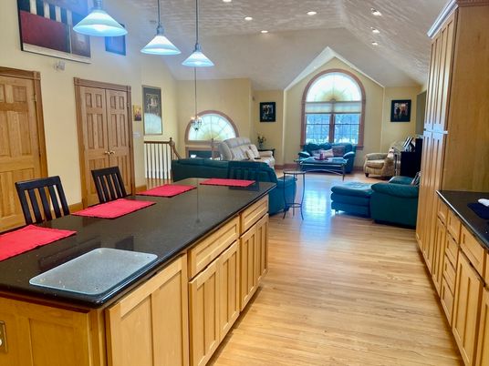 Dining room, Interior, Living room, Pendant Lights, Recessed Lighting, Wood Texture Flooring