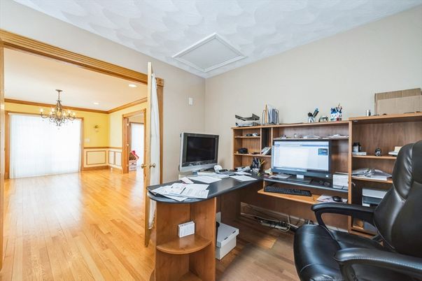 Chandelier, Home Office, Interior, Recessed Lighting, Wood Texture Flooring