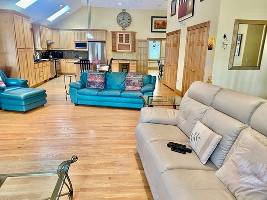 Interior, Kitchen, Living room, Pendant Lights, Stainless Steel Appliances, Wood Texture Flooring