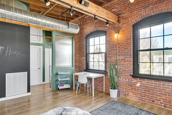 Home Office, Interior, Stone Walls, Wooden Beams, Wood Texture Flooring