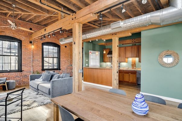 Dining room, Interior, Living room, Pendant Lights, Stone Walls, Wooden Beams, Wooden Ceilings, Wood Texture Flooring