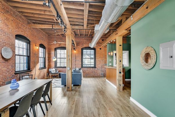 Dining room, Interior, Living room, Pendant Lights, Stone Walls, Wooden Beams, Wooden Ceilings, Wood Texture Flooring