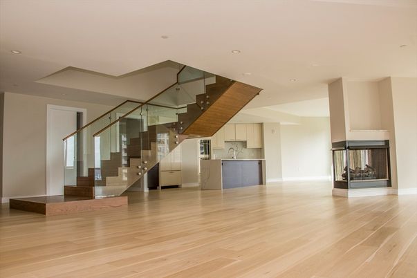 Fireplace, Interior, Kitchen, Recessed Lighting, Wood Texture Flooring