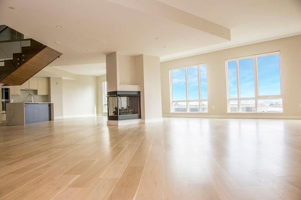 Empty room, Fireplace, Interior, Kitchen, Recessed Lighting, Wood Texture Flooring