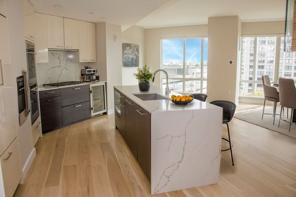 Interior, Kitchen, Marble Walls, Recessed Lighting, Stainless Steel Appliances, Wood Texture Flooring