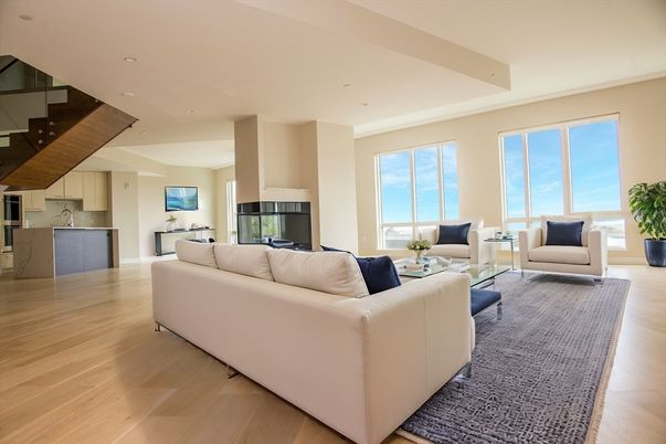Fireplace, Interior, Kitchen, Living room, Recessed Lighting, Wood Texture Flooring