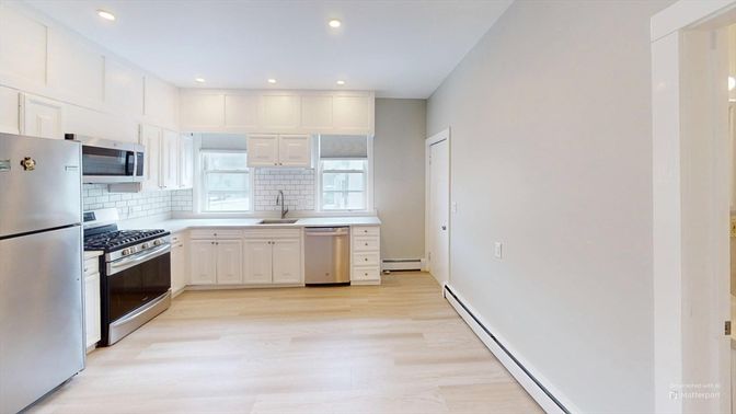 Interior, Kitchen, Recessed Lighting, Stainless Steel Appliances, Wood Texture Flooring