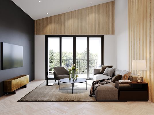 Interior, Living room, Recessed Lighting, Wood Texture Flooring