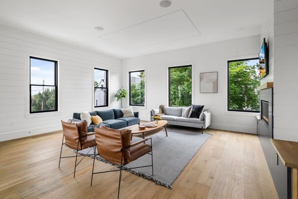 Fireplace, Interior, Living room, Recessed Lighting, Wood Texture Flooring