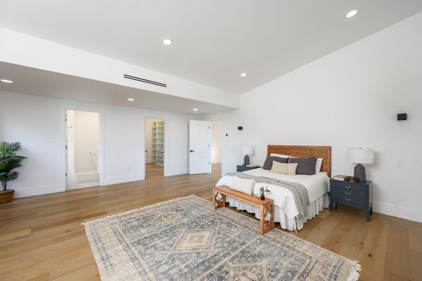 Bedroom, Interior, Recessed Lighting, Wood Texture Flooring
