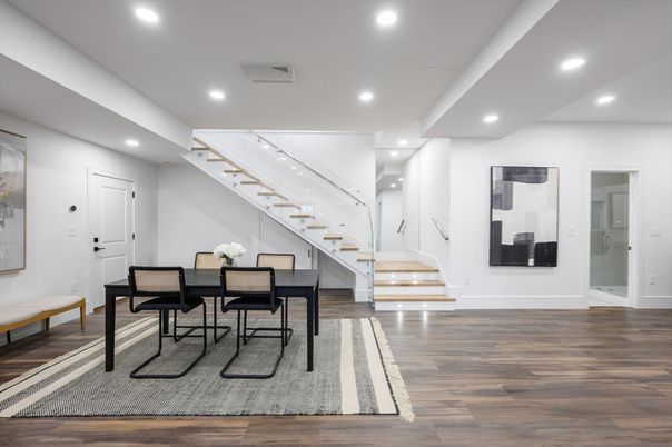 Dining room, Interior, Recessed Lighting, Wood Texture Flooring