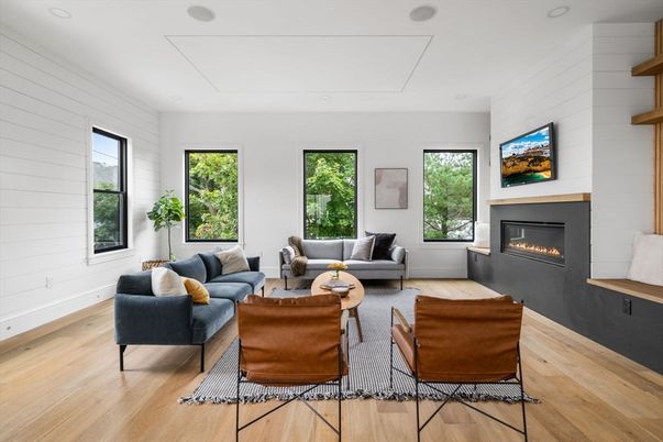 Fireplace, Interior, Living room, Recessed Lighting, Wood Texture Flooring
