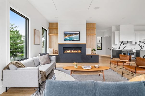 Fireplace, Interior, Kitchen, Living room, Pendant Lights, Recessed Lighting, Wood Texture Flooring