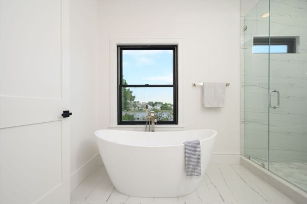 Bathroom, Free Standing Baths, Glass Shower, Interior, Marble, Marble Walls