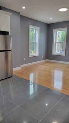 Empty room, Interior, Kitchen, Recessed Lighting, Wood Texture Flooring