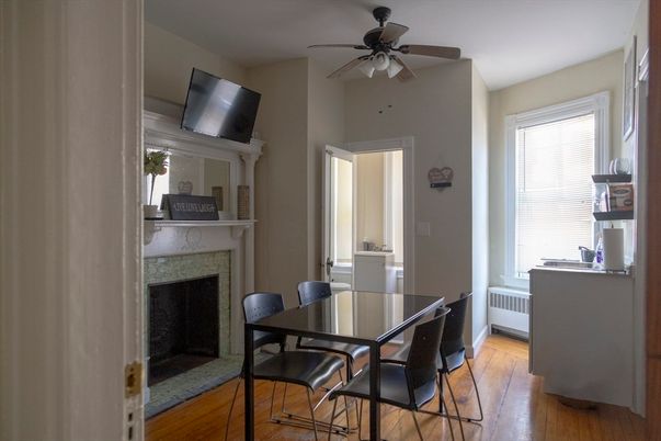 Dining room, Fireplace, Interior, Wood Texture Flooring