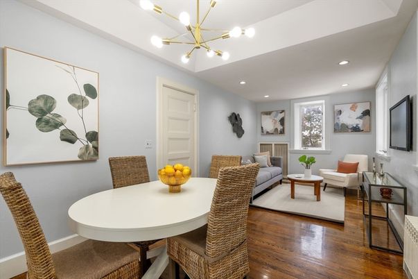 Dining room, Interior, Living room, Pendant Lights, Recessed Lighting, Wood Texture Flooring