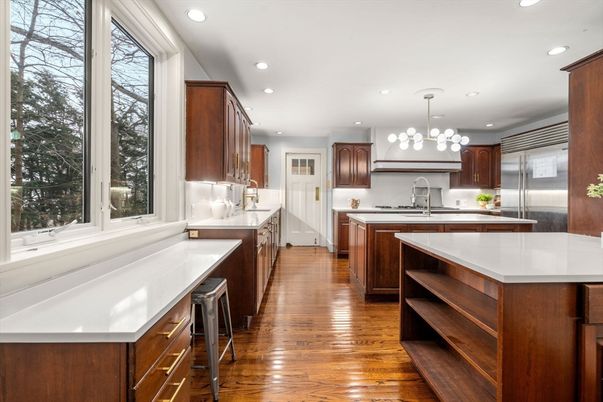 Interior, Kitchen, Pendant Lights, Recessed Lighting, Stainless Steel Appliances, Wood Texture Flooring