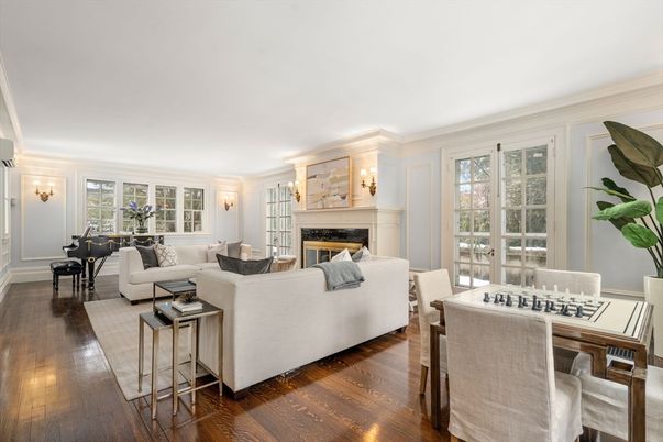 Dining room, Fireplace, Interior, Living room, Wood Texture Flooring