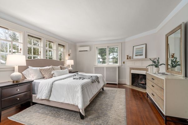 Bedroom, Fireplace, Interior, Wood Texture Flooring