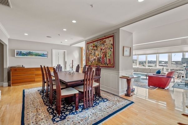 Dining room, Interior, Living room, Recessed Lighting, Wood Texture Flooring