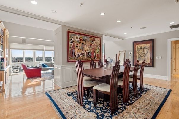 Dining room, Interior, Living room, Recessed Lighting, Wood Texture Flooring