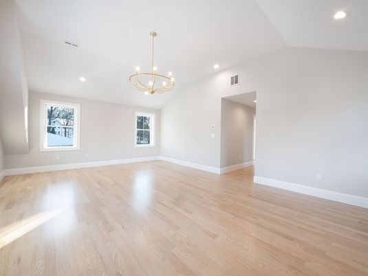 Chandelier, Empty room, Interior, Recessed Lighting, Wood Texture Flooring