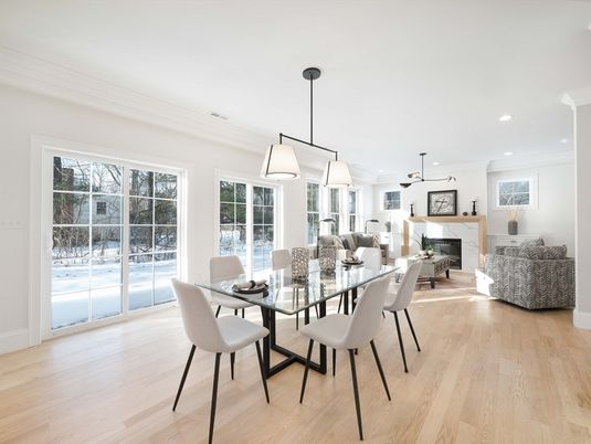 Dining room, Fireplace, Interior, Living room, Pendant Lights, Recessed Lighting, Wood Texture Flooring