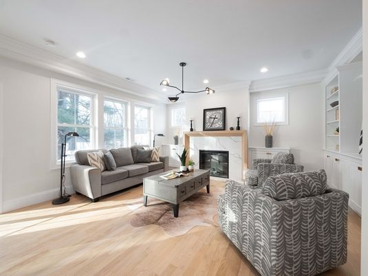 Fireplace, Interior, Living room, Pendant Lights, Recessed Lighting, Wood Texture Flooring