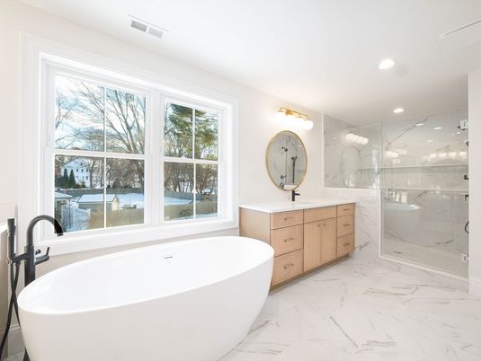 Bathroom, Free Standing Baths, Glass Shower, Interior, Marble, Marble Walls, Recessed Lighting