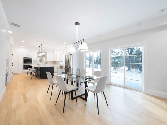 Dining room, Interior, Kitchen, Pendant Lights, Recessed Lighting, Stainless Steel Appliances, Wood Texture Flooring