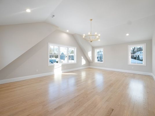 Chandelier, Empty room, Interior, Recessed Lighting, Wood Texture Flooring