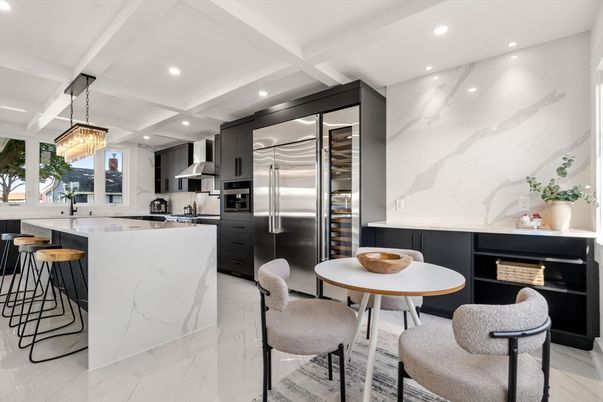 Chandelier, Interior, Kitchen, Marble, Marble Walls, Recessed Lighting, Stainless Steel Appliances
