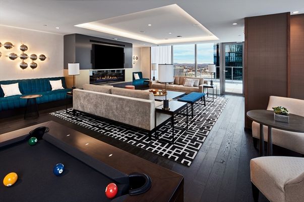 Billiard Table, Fireplace, Game Room, Interior, Living room, Recessed Lighting, Wood Texture Flooring