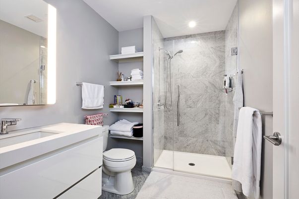 Bathroom, Glass Shower, Interior, Marble Walls, Recessed Lighting