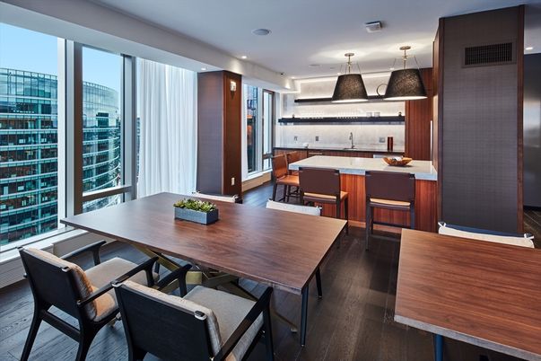 Dining room, Interior, Kitchen, Pendant Lights, Recessed Lighting, Wood Texture Flooring