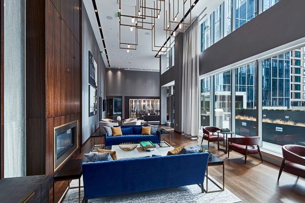 Fireplace, Interior, Living room, Pendant Lights, Recessed Lighting, Wood Texture Flooring, Wooden Walls