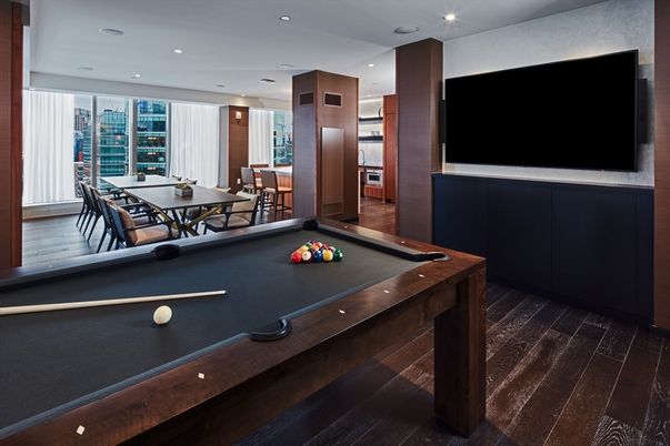 Billiard Table, Game Room, Interior, Recessed Lighting, Wood Texture Flooring
