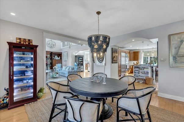 Chandelier, Dining room, Interior, Kitchen, Living room, Pendant Lights, Recessed Lighting, Wood Texture Flooring