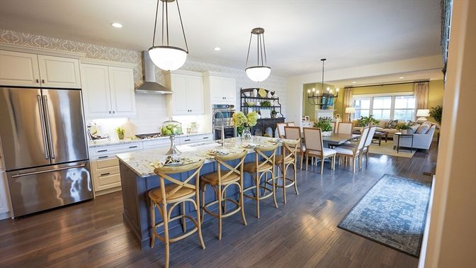 Chandelier, Dining room, Interior, Kitchen, Living room, Pendant Lights, Recessed Lighting, Stainless Steel Appliances, Wood Texture Flooring