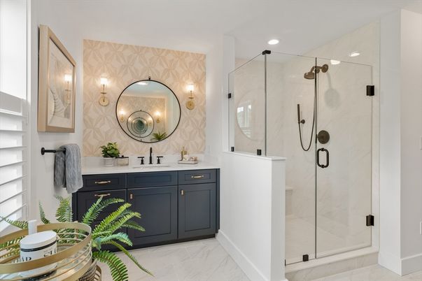 Bathroom, Dual Sink Vanities, Glass Shower, Interior, Marble, Marble Walls, Recessed Lighting