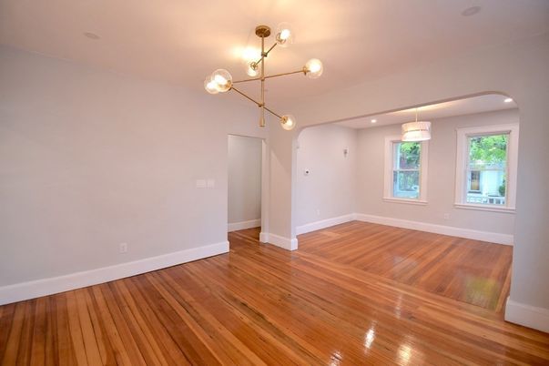 Empty room, Interior, Pendant Lights, Recessed Lighting, Wood Texture Flooring
