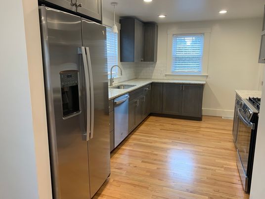 Interior, Kitchen, Recessed Lighting, Stainless Steel Appliances, Wood Texture Flooring