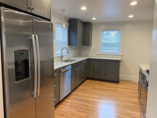 Interior, Kitchen, Pendant Lights, Recessed Lighting, Stainless Steel Appliances, Wood Texture Flooring