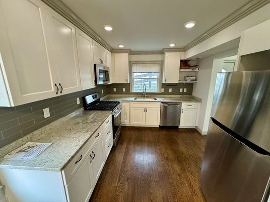 Interior, Kitchen, Recessed Lighting, Stainless Steel Appliances, Wood Texture Flooring