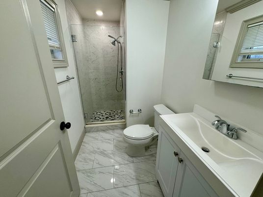 Bathroom, Glass Shower, Interior, Marble, Marble Walls, Recessed Lighting