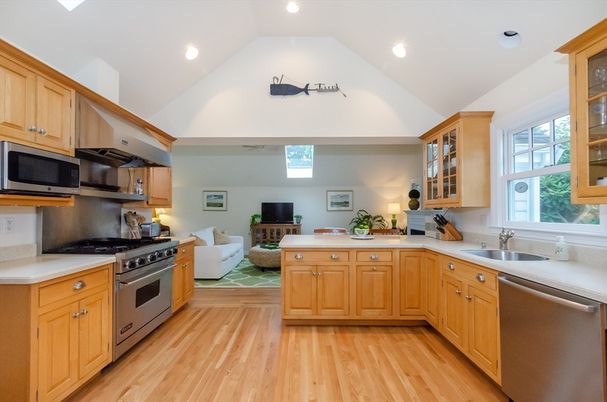 Interior, Kitchen, Living room, Recessed Lighting, Stainless Steel Appliances, Wood Texture Flooring